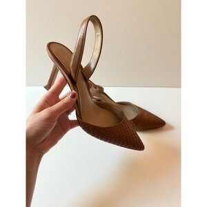 Ann Taylor Slingback Heels Woven Pointed Toe Brown Leather Pumps Shoes